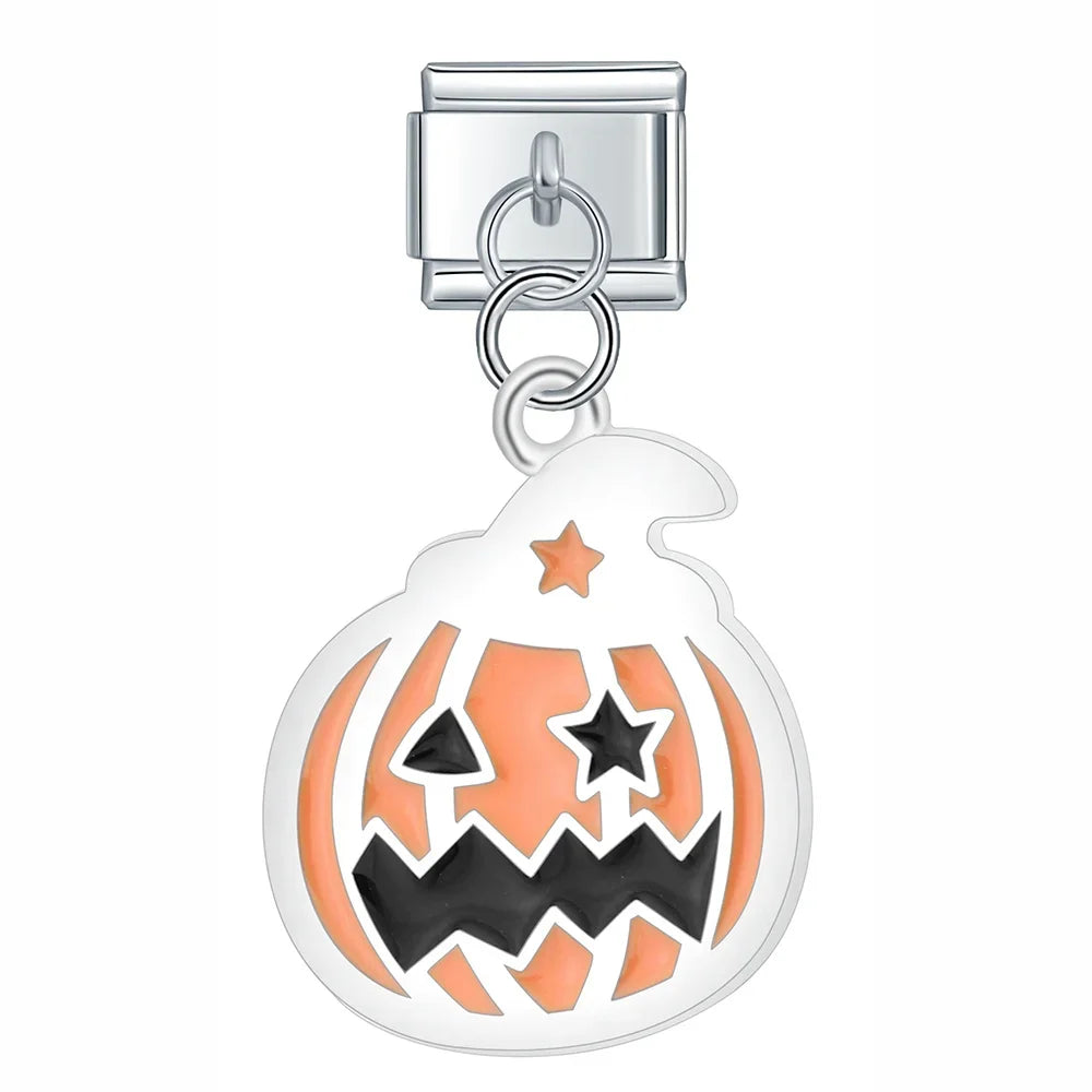 Colourful Glaze Halloween Pumpkin cross – jack-o-lantern pumpkin face dangle charm in orange, Italian charm bracelet charm by Charmtastic
