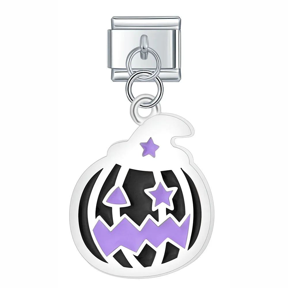 Colourful Glaze Halloween Pumpkin cross – jack-o-lantern pumpkin face dangle charm in purple, Italian charm bracelet charm by Charmtastic