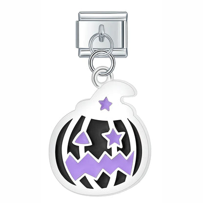 Colourful Glaze Halloween Pumpkin cross – jack-o-lantern pumpkin face dangle charm in purple, Italian charm bracelet charm by Charmtastic