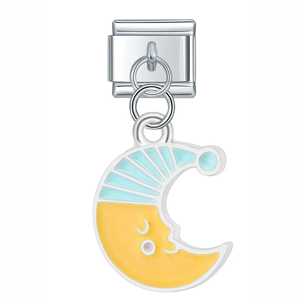 Colourful Glaze Moon Star – crescent moon nightcap charm in teal, Italian charm bracelet charm by Charmtastic