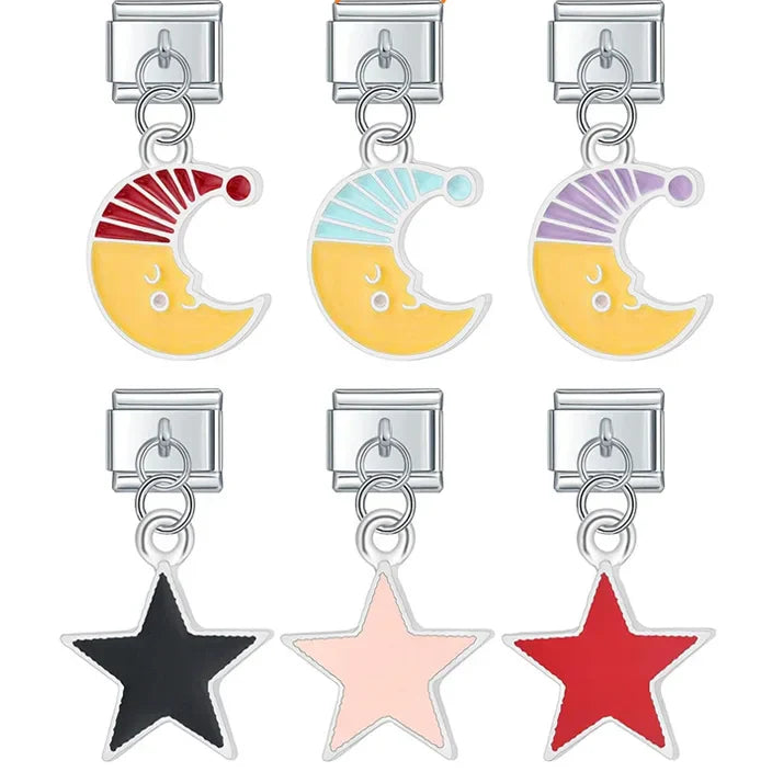 Colourful Glaze Moon Star – crescent moon nightcap charm in red, teal, and purple, and star charm in black, pink, and red, Italian charm bracelet charms by Charmtastic