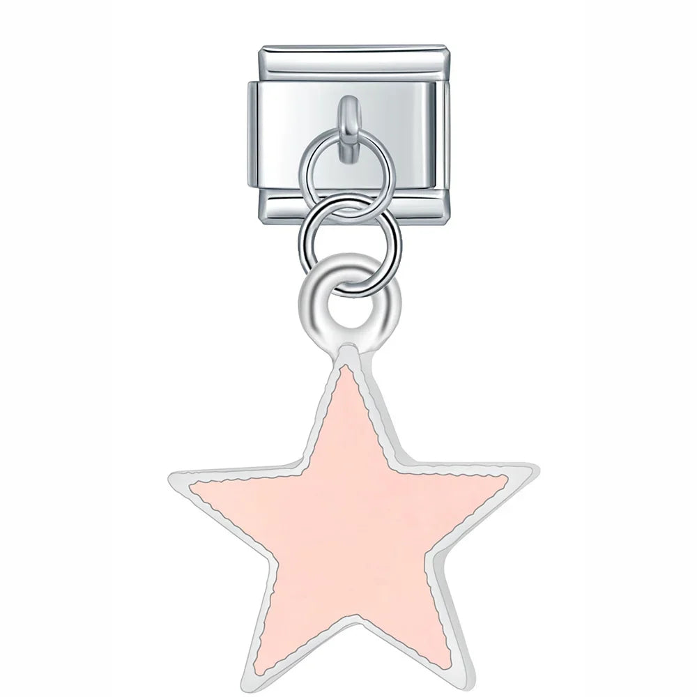 Colourful Glaze Moon Star – star dangle charm in pink, Italian charm bracelet charm by Charmtastic