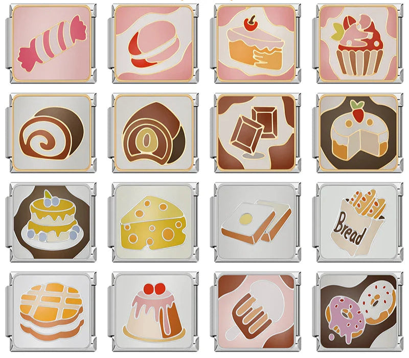 Cozy Bakery Delights & Sweet Treats Charms – overview of enamel charms: candy, cake slice, cupcake, swiss roll, chocolate, layered cake, cheese, bread, waffle, pudding, popsicle and donuts, Italian charm bracelet charms by Charmtastic