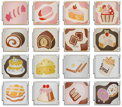 Cozy Bakery Delights & Sweet Treats Charms – overview of enamel charms: candy, cake slice, cupcake, swiss roll, chocolate, layered cake, cheese, bread, waffle, pudding, popsicle and donuts, Italian charm bracelet charms by Charmtastic