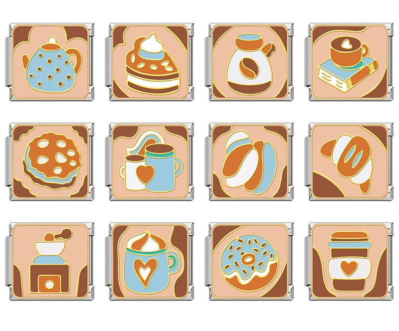 Cozy Cafe & Sweets Charms Food coffee hamburger – overview of cozy cafe charms including teapot, cake slice, coffee mugs and donut, Italian charm bracelet charms by Charmtastic