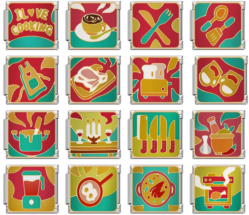 Cozy cooking themed charms – overview of cooking themed charms including chef's knives, coffee cup and mortar and pestle, Italian charm bracelet charms by Charmtastic