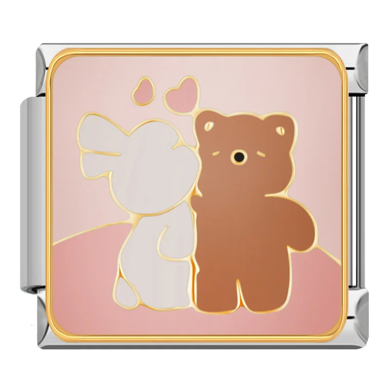 Cozy Nostalgia & Sweet Moments Italian Charms – white bunny and brown teddy bear standing together with small hearts on pink background enamel charm, Italian charm bracelet charm by Charmtastic