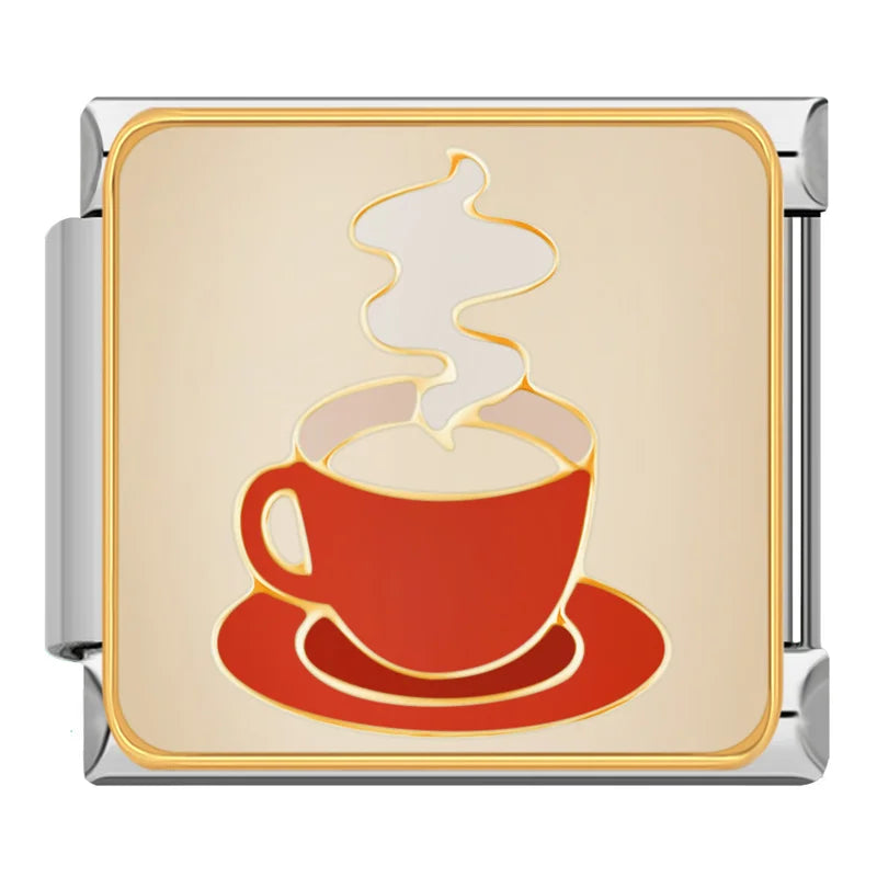 Cozy Nostalgia & Sweet Moments Italian Charms – steaming red coffee cup and saucer on cream background enamel charm, Italian charm bracelet charm by Charmtastic