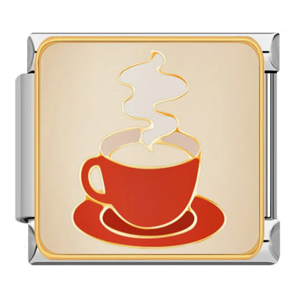 Cozy Nostalgia & Sweet Moments Italian Charms – steaming red coffee cup and saucer on cream background enamel charm, Italian charm bracelet charm by Charmtastic