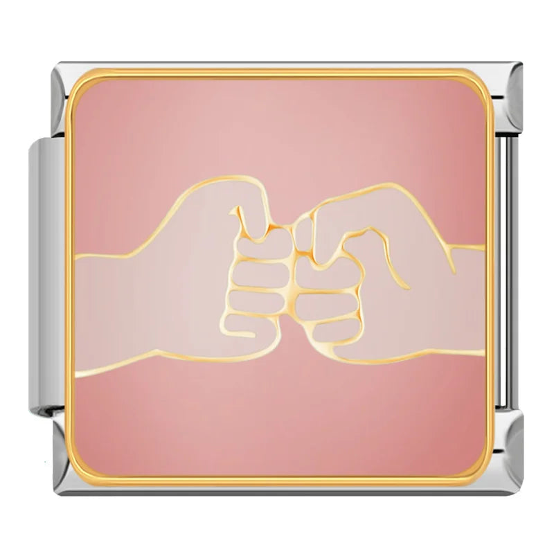 Cozy Nostalgia & Sweet Moments Italian Charms – two hands fist bumping on pink background enamel charm, Italian charm bracelet charm by Charmtastic