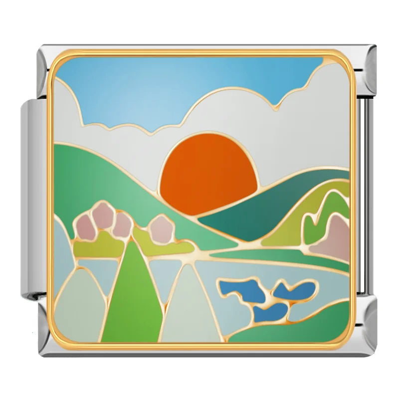 Cozy Nostalgia & Sweet Moments Italian Charms – orange sun rising over green hills and a river with trees enamel charm, Italian charm bracelet charm by Charmtastic