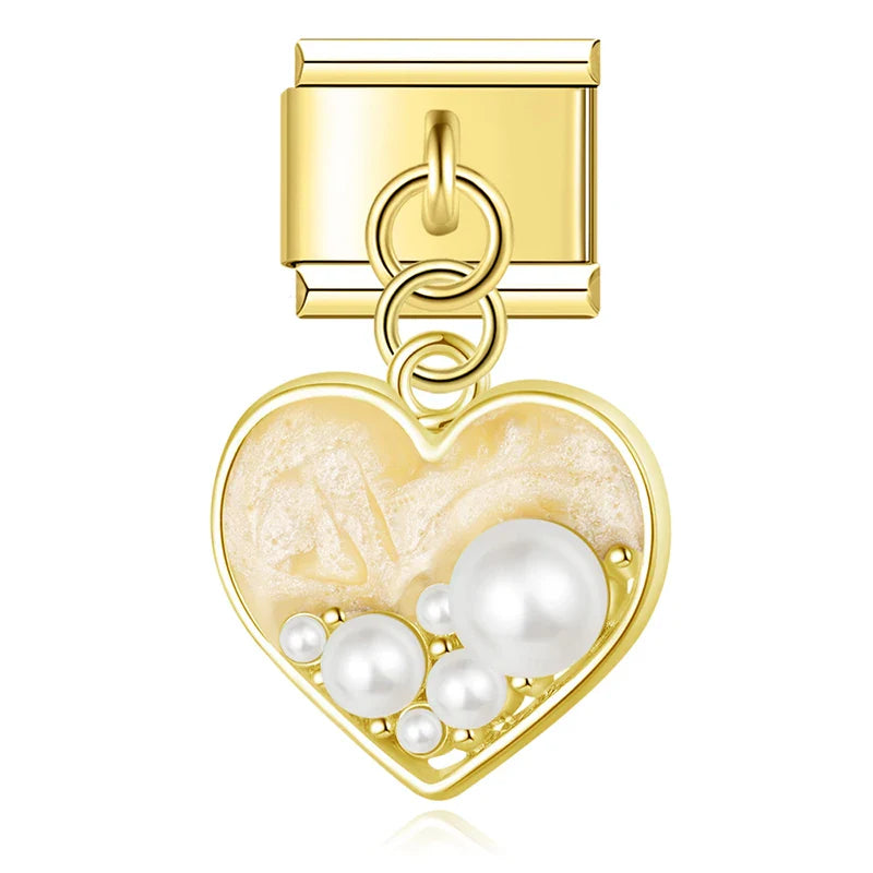 Cream marble pearl heart dangle gold Italian charm, by Charmtastic