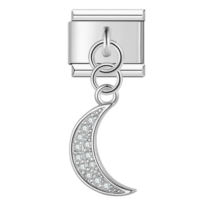 Silver crescent moon CZ dangle Italian charm, by Charmtastic