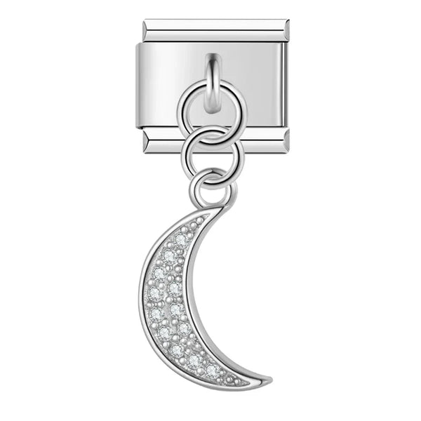 Silver crescent moon CZ dangle Italian charm, by Charmtastic