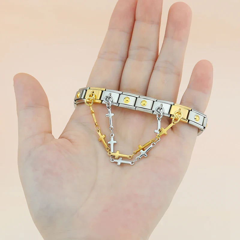 Cross Triangle Round Chain silver&gold – cross safety chain links in gold and silver worn on a stainless steel Italian charm bracelet, lifestyle photo by Charmtastic
