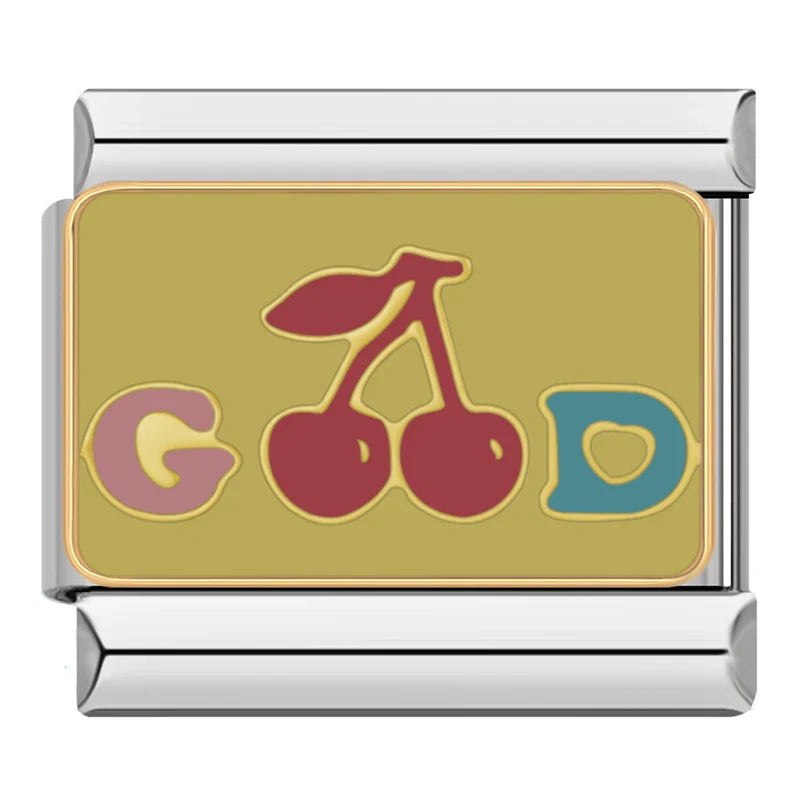 Crown Puzzle Vegetables Star Good Charms – Good text with cherries icon in red and teal on mustard yellow background enamel charm, Italian charm bracelet charm by Charmtastic
