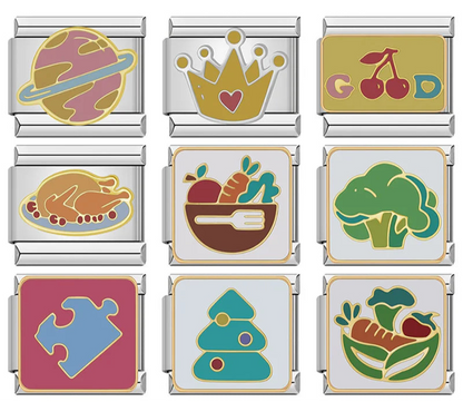 Crown Puzzle Vegetables Star Good Charms – overview of 9 enamel charms: ringed planet, gold crown with heart, Good text with cherries, roast turkey, fruit and vegetable bowl, broccoli, puzzle piece, layered pagoda, vegetable basket, Italian charm bracelet charms by Charmtastic