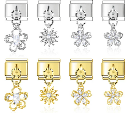 9mm Italian charm bracelet link with a pavé crystal floral dangle in silver and gold hardware for personalized modular jewelry.