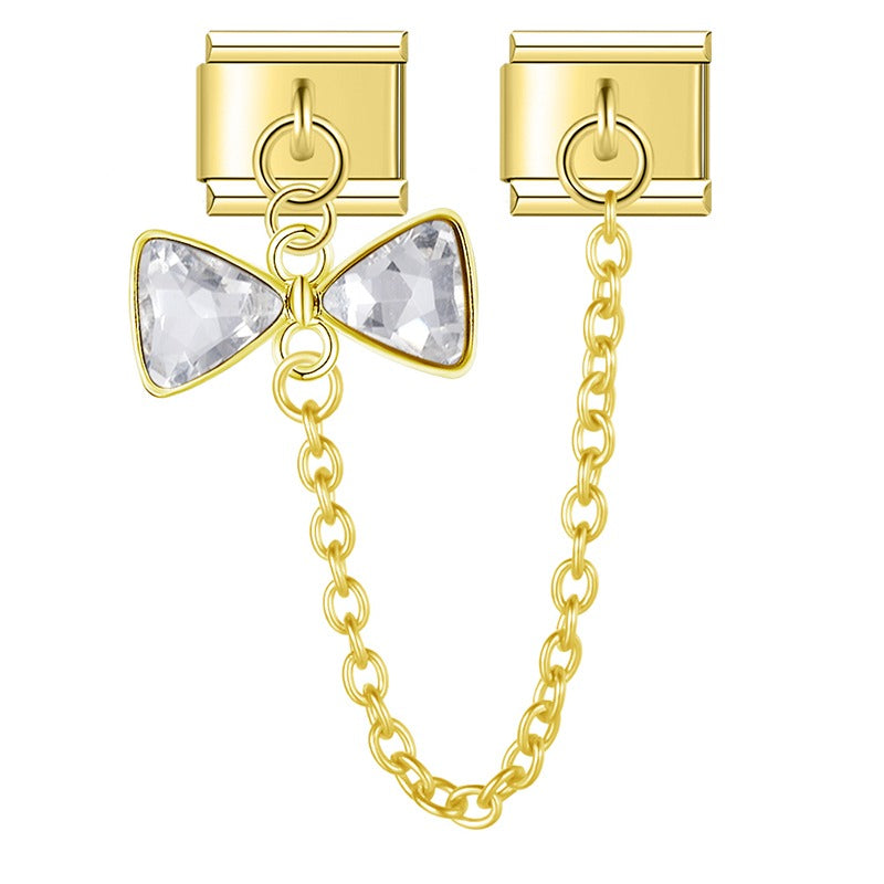 Gold clear crystal bow safety chain Italian charm, by Charmtastic