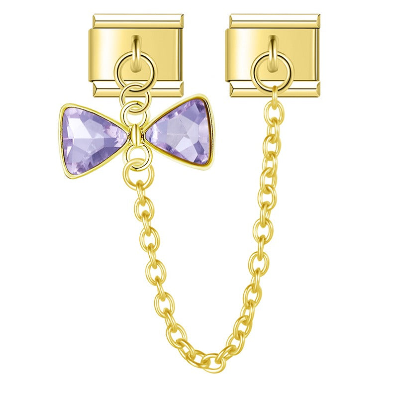 Gold purple crystal bow safety chain Italian charm, by Charmtastic