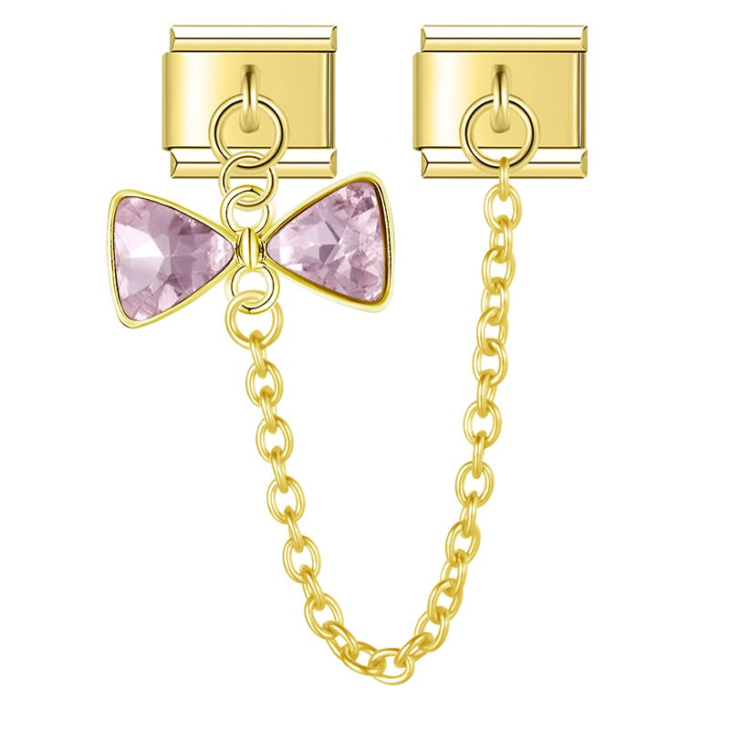 crystal Bow Tie Chain silver&gold – rose pink crystal bow tie safety chain link, Italian charm bracelet accessory by Charmtastic