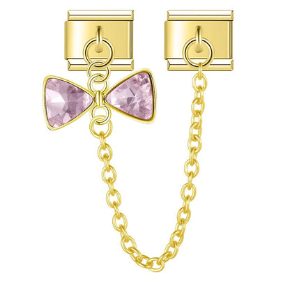 crystal Bow Tie Chain silver&gold – rose pink crystal bow tie safety chain link, Italian charm bracelet accessory by Charmtastic