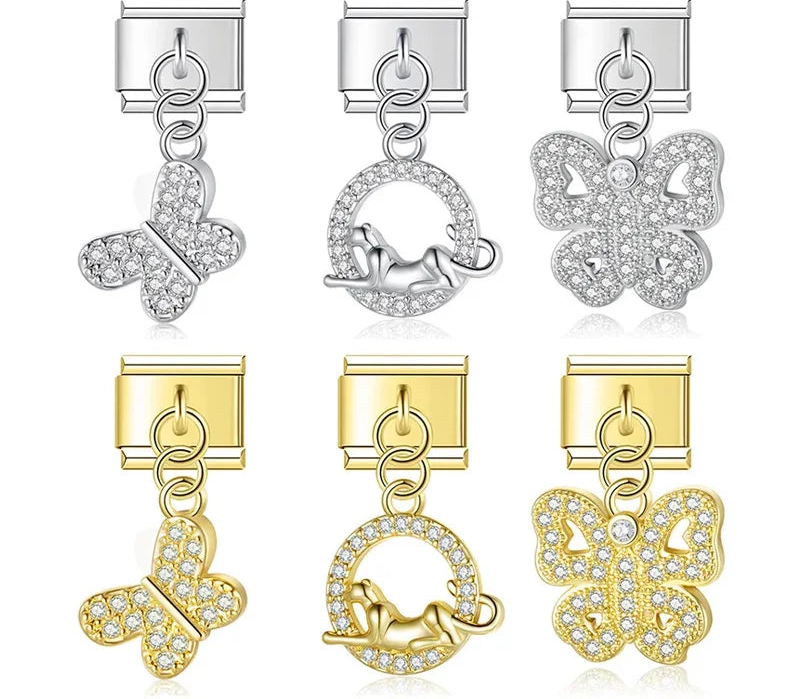 A collection of 9mm Italian charms featuring pavé crystal animal dangles. Designs include butterflies and a panther in a crystal halo. Available in polished silver and gold finishes.
