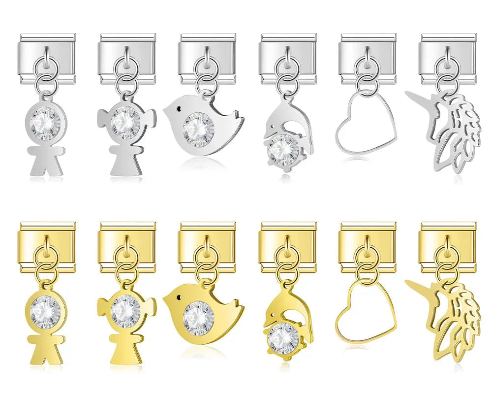 Italian charm bracelet link with crystal-accented silhouettes of boys, girls, birds, dolphins, and unicorns in silver and gold.