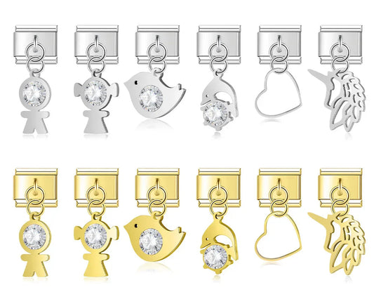 Italian charm bracelet link with crystal-accented silhouettes of boys, girls, birds, dolphins, and unicorns in silver and gold.