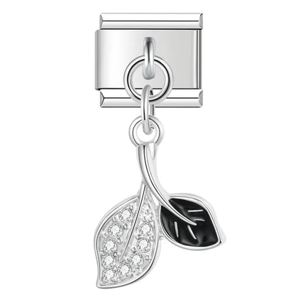 Crystal Leaf & Girly Dangle Charm – silver double leaf charm with black enamel accent and CZ pave, Italian charm bracelet charm by Charmtastic