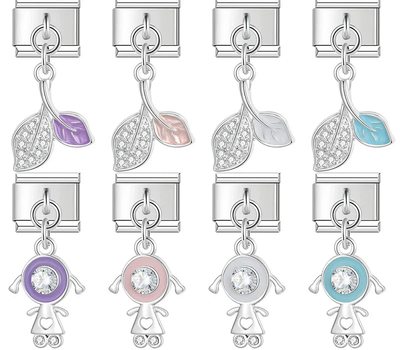 Crystal Leaf & Girly Dangle Charm – silver leaf and girl-shaped dangle charm set with CZ and colored enamel accents, Italian charm bracelet charms by Charmtastic