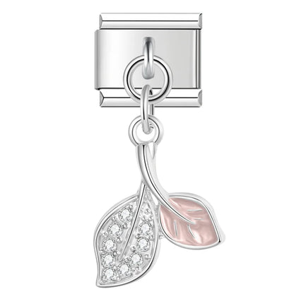 Crystal Leaf & Girly Dangle Charm – silver double leaf charm with pink enamel accent and CZ pave, Italian charm bracelet charm by Charmtastic