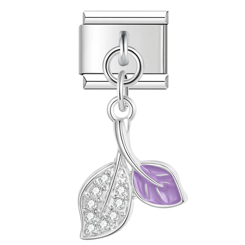 Crystal Leaf & Girly Dangle Charm – silver double leaf charm with purple enamel accent and CZ pave, Italian charm bracelet charm by Charmtastic