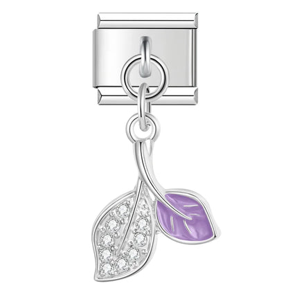 Crystal Leaf & Girly Dangle Charm – silver double leaf charm with purple enamel accent and CZ pave, Italian charm bracelet charm by Charmtastic