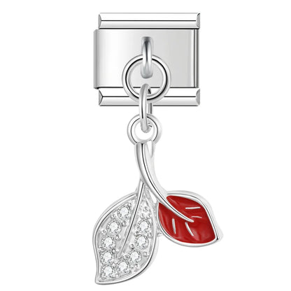 Crystal Leaf & Girly Dangle Charm – silver double leaf charm with red enamel accent and CZ pave, Italian charm bracelet charm by Charmtastic
