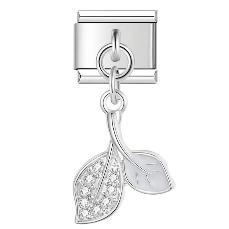 Crystal Leaf & Girly Dangle Charm – silver double leaf charm with white enamel accent and CZ pave, Italian charm bracelet charm by Charmtastic