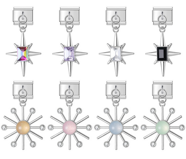 9mm silver Italian charm bracelet links featuring north star dangles with rectangular crystals and sunburst dangles with pastel cabochon centers.