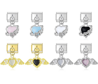 9mm Italian charm bracelet links featuring silver swirled ribbon hearts with crystals and gold and silver angel wing hearts with pearl borders.