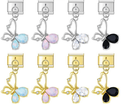 9mm Italian charm bracelet links featuring silver and gold asymmetrical butterfly dangles with blue, pink, clear, and black teardrop crystal wings.