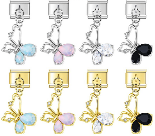 9mm Italian charm bracelet links featuring silver and gold asymmetrical butterfly dangles with blue, pink, clear, and black teardrop crystal wings.
