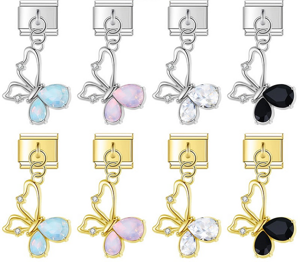 9mm Italian charm bracelet links featuring silver and gold asymmetrical butterfly dangles with blue, pink, clear, and black teardrop crystal wings.