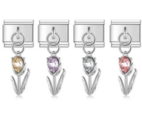 Elegant Crystal Tulip Dangle Italian Charms — Champagne, Purple, Clear & Pink CZ Tulip Dangle Links
