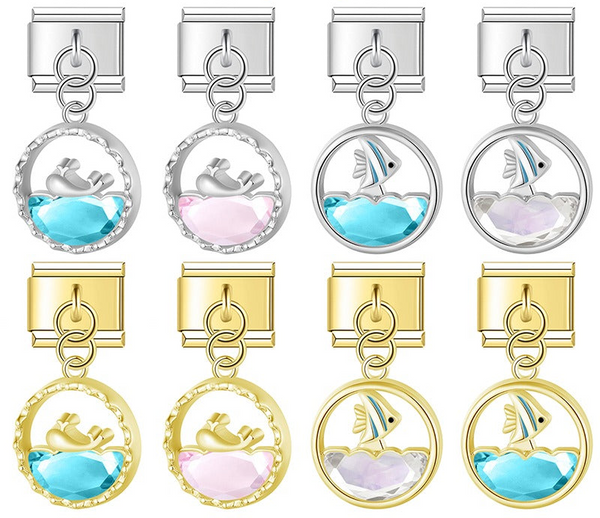 9mm Italian charm bracelet links in silver and gold featuring circular pendants with metallic dolphins and tropical fish over faceted blue, pink, and clear crystal waves.