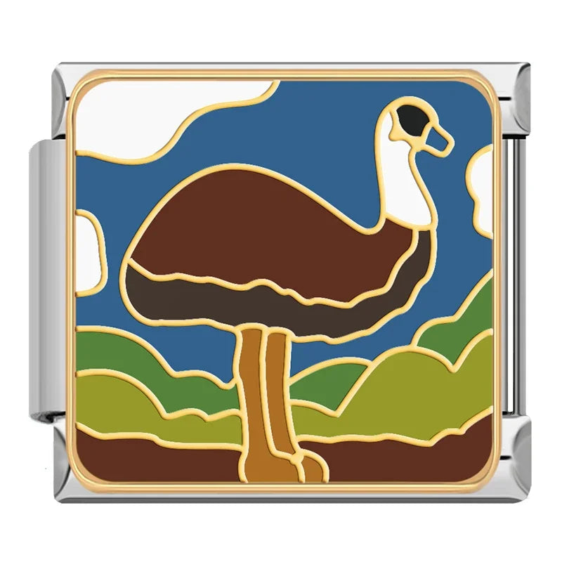 Cute Animals Global Wonders & Wildlife Adventure Charms – stained-glass style emu bird enamel charm on blue and green background, Italian charm bracelet charm by Charmtastic