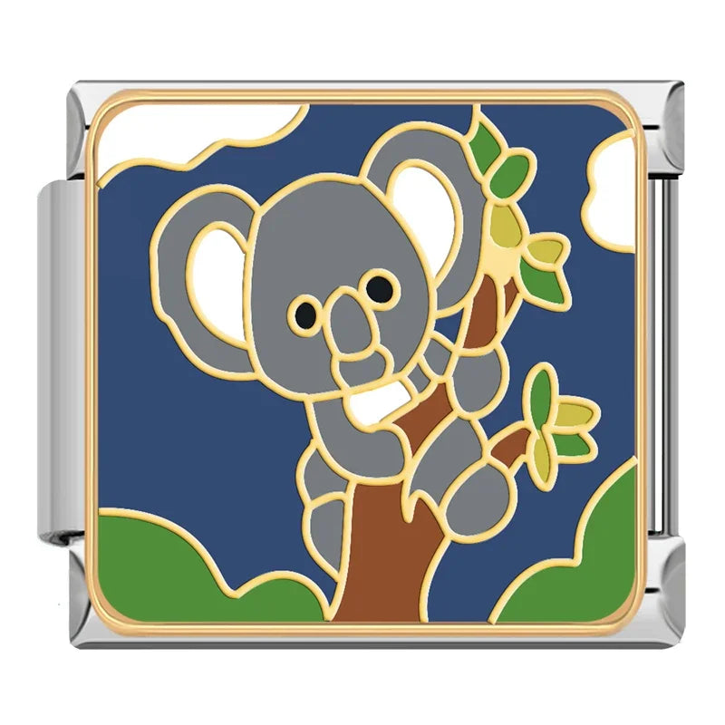 Cute Animals Global Wonders & Wildlife Adventure Charms – stained-glass style koala in a tree enamel charm on blue background, Italian charm bracelet charm by Charmtastic