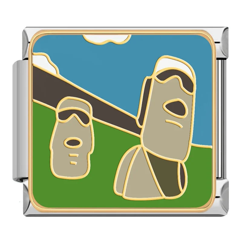 Cute Animals Global Wonders & Wildlife Adventure Charms – stained-glass style Easter Island Moai statues enamel charm on green and blue background, Italian charm bracelet charm by Charmtastic