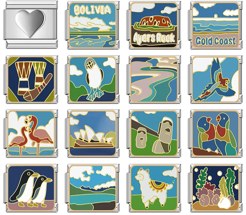 Cute Animals Global Wonders & Wildlife Adventure Charms – overview of 16 stained-glass style travel and animal enamel charms: silver heart, Bolivia landscape, Ayers Rock, Gold Coast, drums and boomerang, bird on hill, river, blue bird flying, flamingos, Sydney Opera House, Moai statues, lovebirds, penguins, hills landscape, llama, and seashells underwater, Italian charm bracelet charms by Charmtastic