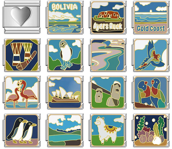 Cute Animals Global Wonders & Wildlife Adventure Charms – overview of 16 stained-glass style travel and animal enamel charms: silver heart, Bolivia landscape, Ayers Rock, Gold Coast, drums and boomerang, bird on hill, river, blue bird flying, flamingos, Sydney Opera House, Moai statues, lovebirds, penguins, hills landscape, llama, and seashells underwater, Italian charm bracelet charms by Charmtastic