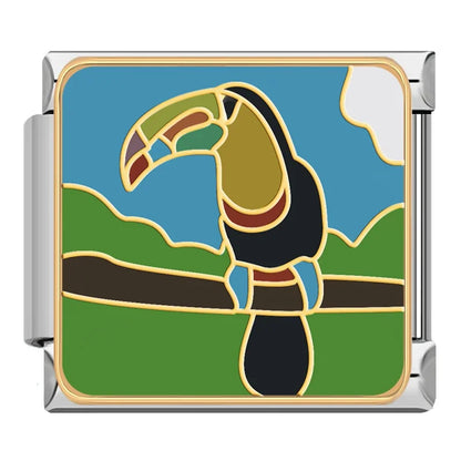 Cute Animals Global Wonders & Wildlife Adventure Charms – stained-glass style toucan on a branch enamel charm, Italian charm bracelet charm by Charmtastic