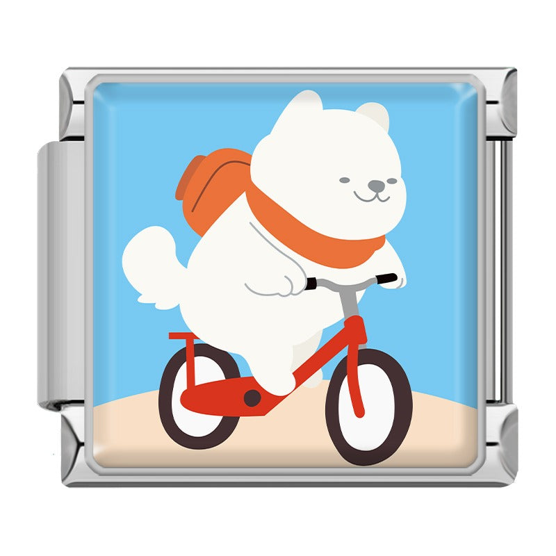 Cute Cartoon Animal Adventures Italian Charms – white polar bear with orange backpack and scarf riding a red bicycle enamel charm, Italian charm bracelet charm by Charmtastic